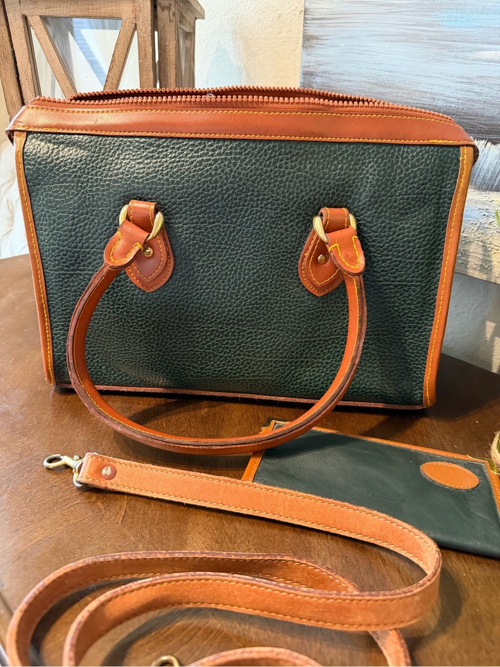 Dooney & Bourke Dark Green Pebbled Leather Satchel with Tan Trim and Strap - Picture 3 of 12